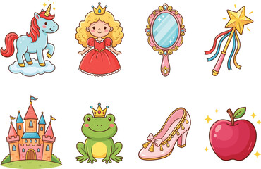 Fototapeta premium Fairy tale elements collection with princess unicorn castle magic mirror frog and accessories vector illustration set