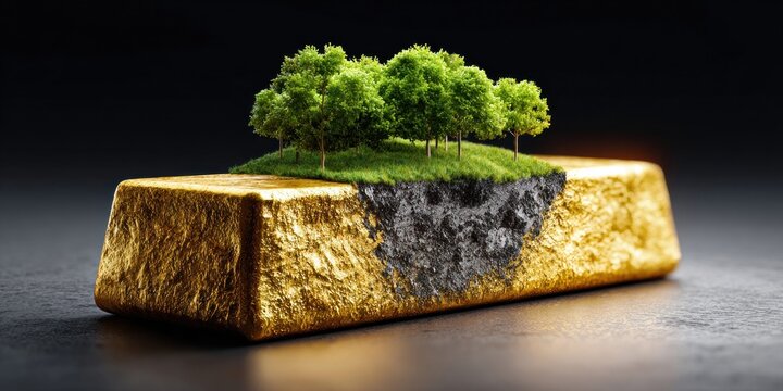 A cross-section of a gold bar reveals a lush green landscape with trees and grass on top
