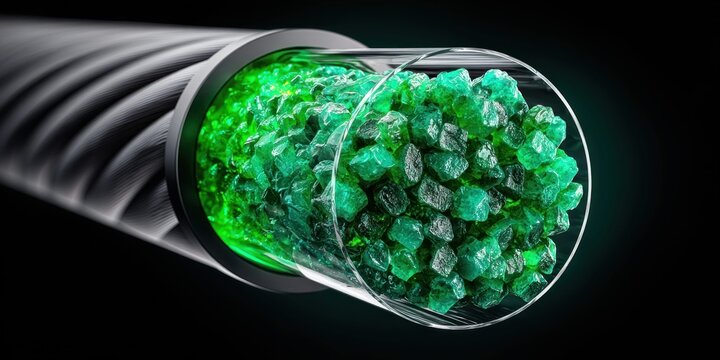 Close-up view of a transparent tube filled with glowing green crystals and a braided cable