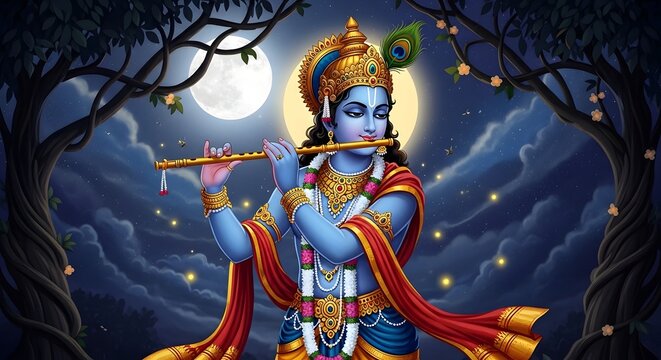 Divine Lord Krishna playing bamboo flute under moonlight night sky, spiritual Hindu deity digital painting featuring vibrant color, mystical glow, and traditional Indian artistic aesthetic.