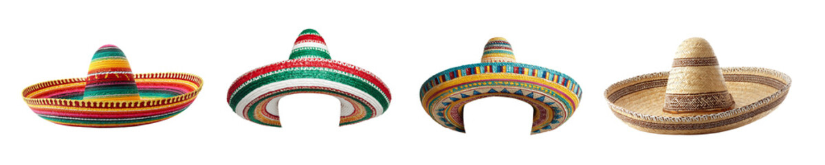 Collection set of four colorful large mexican sombrero hats isolated on white or transparent background, Cinco de Mayo celebration party collage, png