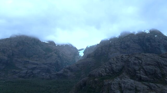 Calbuco chile patagonia river lake nature mountain trees clouds winter dusk morning drone