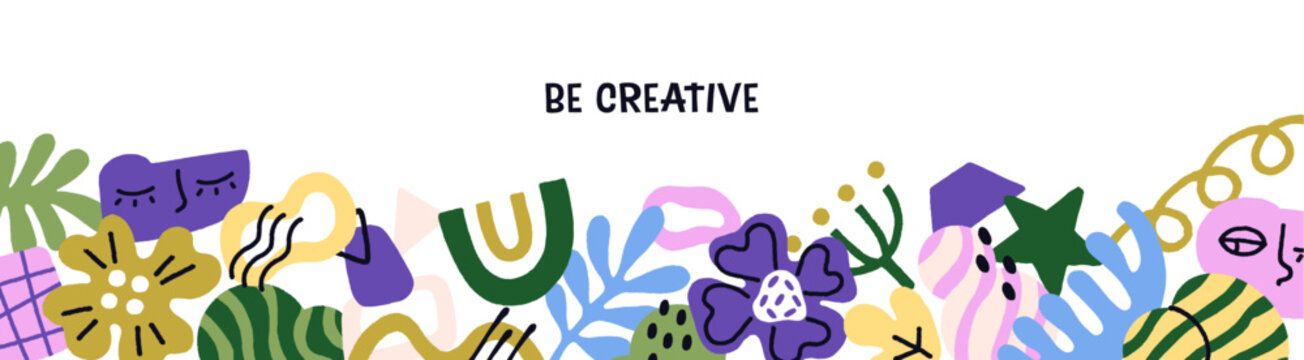 Design of border om different doodle shapes, abstract textures and elements. Banner with frame from flowers, figures, curves and leaves. Flat isolated vector illustration on white background