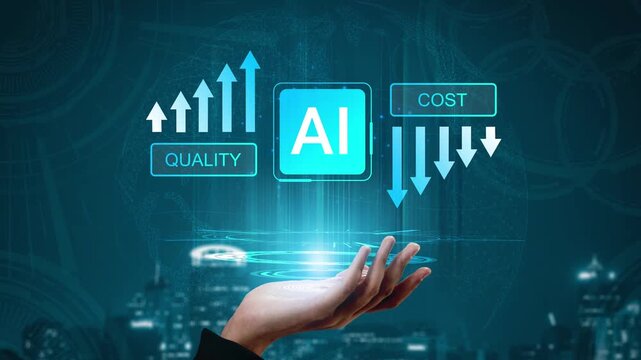 Hand holding holographic interface displaying arrows indicating quality increase and cost decrease with AI emphasis representing technological advancement and innovation Gluon.