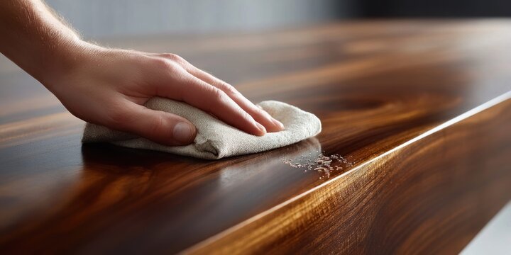 Close-up of a hand wiping a polished wooden table with a cloth, leaving water droplets