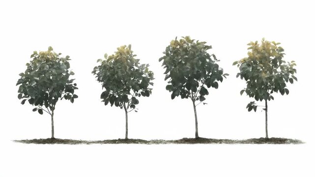 Row of trees transitioning from green summer leaves to yellow autumn foliage. Seasonal color change in a forest landscape. Nature evolution and plant growth concept.
