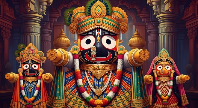 Majestic Lord Jagannath Deity in Ornate Traditional Attire with Vibrant Colors Digital Painting Artwork Representing Spiritual Indian Culture and Religious Devotion