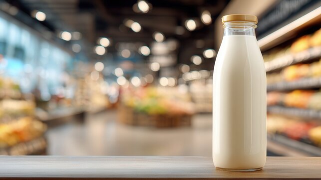 Glass bottle of fresh milk on a wooden table in a grocery store aisle