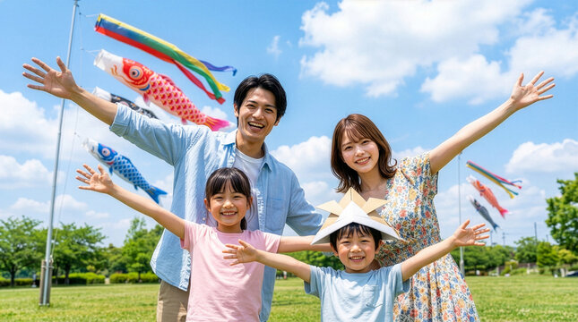 鯉のぼりを背景に笑顔で手を広げる家族　男の子は紙の兜を被っている