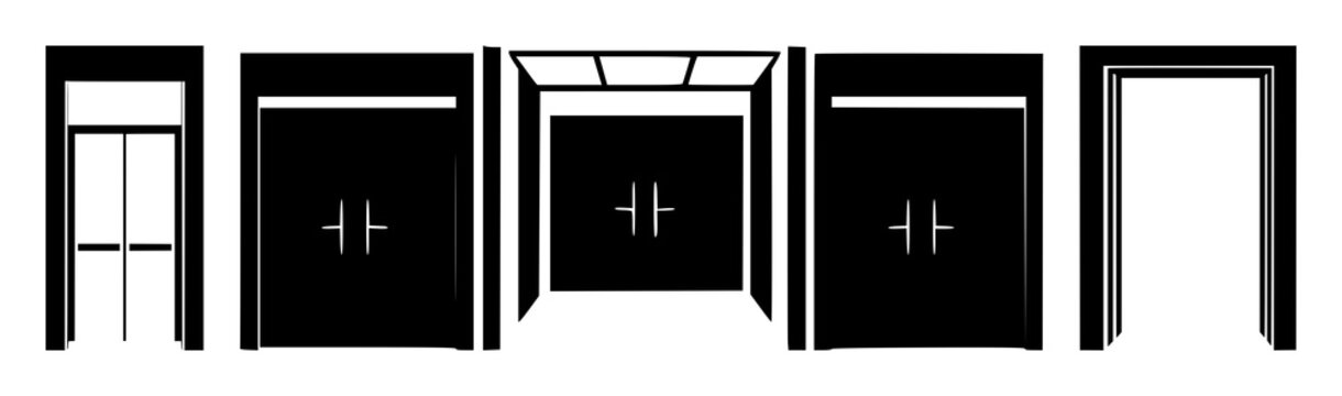 Solid black icon, white background: elevator icon set with simple line art design featuring sketches, drawings, vector graphics with minimalist and simple illustrations