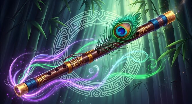 Ethereal Mystical Bamboo Flute Adorned with Majestic Peacock Feather Vivid Digital Painting Artwork Featuring Vibrant Colors and Artistic Bearing on a Dreamy Background
