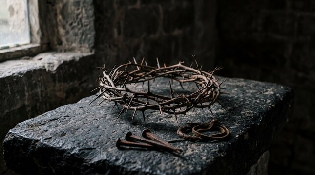 Crown of thorns resting on dark stone symbolizing the suffering sacrifice and passion of jesus during holy week
