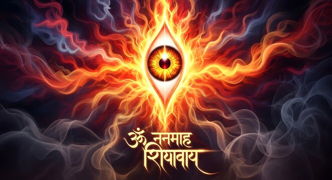 Spiritual digital painting of Lord Shiva featuring the sacred third eye, ancient Sanskrit calligraphy, Om Namah Shivaya mantra, and ethereal mystic smoke swirling in a divine cosmic atmosphere.