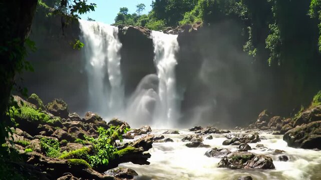 A majestic, powerful multi-stream waterfall cascades into a frothy riverbed in a lush primeval jungle, framed by an ancient tree branch. Awe-inspiring natural wonder