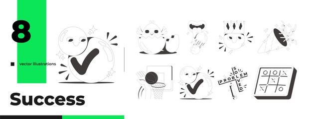 Funky playful flash messages success line illustration pack. Solving problem. Slam dunk. Ice cream. Chick hatching. Done UI states. Mobile web design. Black white vector concept set. Micro UX scenes © IMGvisualsCharacters