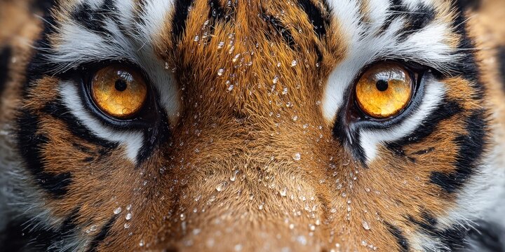 Close-up extreme detail of a tiger's intense orange eyes and wet fur