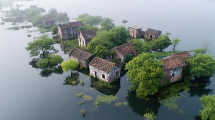 Obraz premium Abandoned houses submerged in water during flood. Aerial view of rural village covered by lake. Climate change and natural disaster impact. Environmental destruction and desertion.