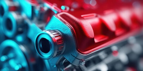 Fototapeta premium Close-up abstract view of a powerful internal combustion engine with vibrant red and blue lighting