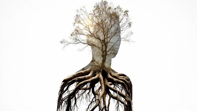 Womans profile transforming into tree silhouette. Surreal fusion of human form with nature branches and roots. Conceptual art on growth harmony ecology and personal development.