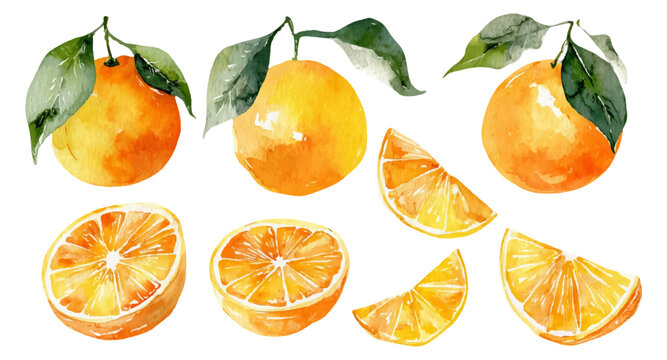 Watercolour painting of fresh juicy oranges with green leaves and various citrus fruit slices isolated, representing healthy eating, refreshment, and natural ingredients
