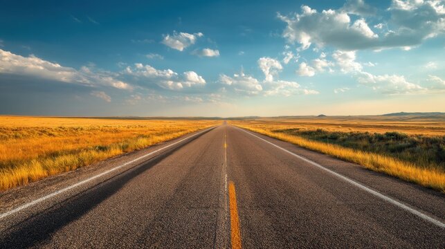 Empty asphalt road stretching through vast golden field under blue sky with clouds. Concept of travel, freedom, journey and adventure. Scenic landscape of wilderness and open highway.