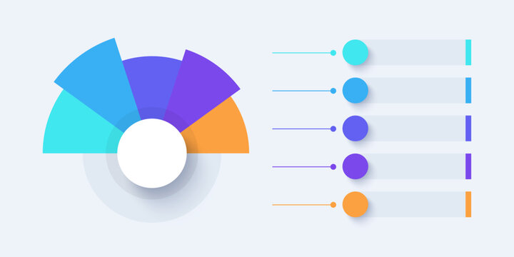 Semicircular pie chart divided into 5 colored sectors. A blank template for visualizing data based on the five-characteristics concept.
