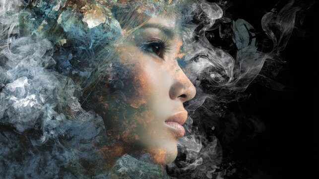 Asian woman portrait with double exposure of abstract smoke and dark textures. Artistic digital composition blending human face with ethereal clouds. Concept of mystery and fantasy.