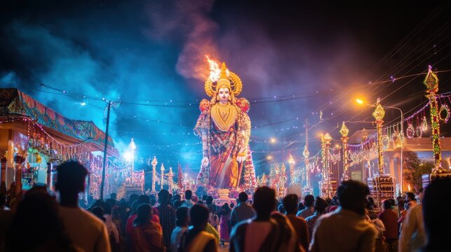 Crowd watching burning effigy of deity during traditional religious festival. Large statue illuminated with fire and lights at night. Hindu celebration and spiritual culture event concept.