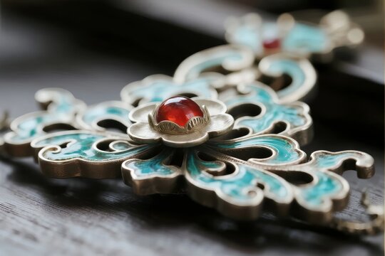 Intricate metal brooch with turquoise enamel and red gemstone