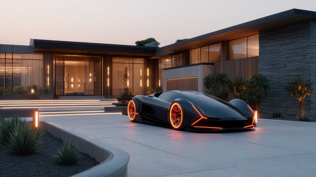 Futuristic electric sports car parked in driveway of modern luxury villa. Concept vehicle with glowing neon wheels and lights at dusk. High end lifestyle and innovative automotive design.