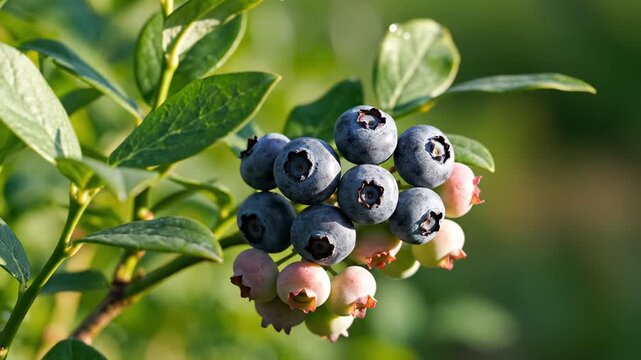Blueberry cluster growing on green bush with fresh leaves highlights blueberry as axis, repeated as blueberry fruit, blueberry harvest, and blueberry nutrition for organic food, healthy lifestyle