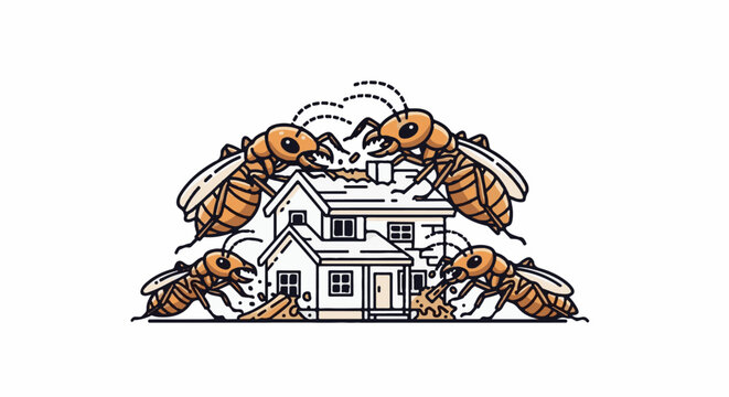 Termites attacking a small house causing structural damage