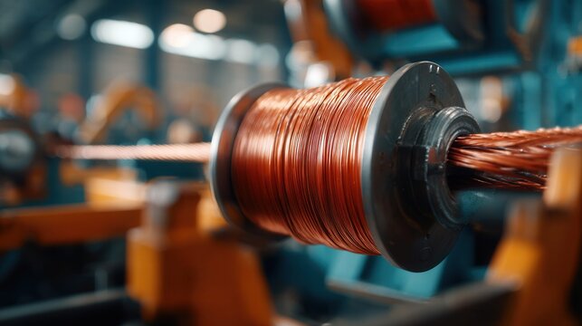 Copper wire manufacturing process on a large industrial spool in a factory setting