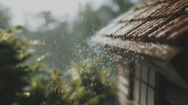 Heavy rain falling on the wooden roof of a cabin. Stormy weather pouring down in a forest landscape. Concept of nature, solitude and cozy shelter during a seasonal downpour in wilderness.