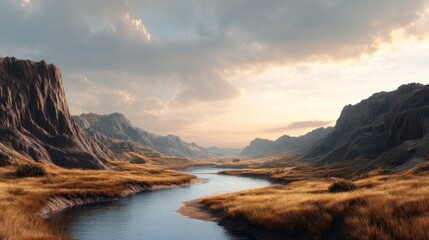 Obraz premium River flowing through a mountain valley at sunset. Golden grass field in a rocky canyon with dramatic sky. Peaceful wilderness landscape for travel and nature conservation concept.
