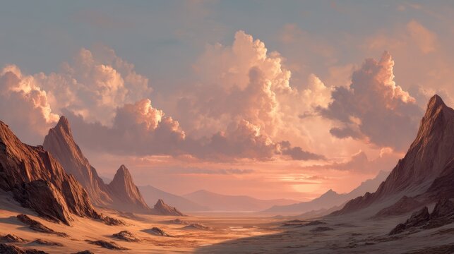 Mountain landscape at sunset with vast desert plains. Scenic view of majestic rocky peaks under soft pastel sky with fluffy cumulus clouds. Nature wilderness background for travel concept.