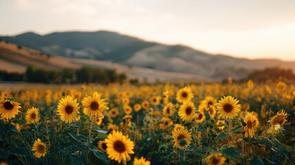 Obraz premium Field of yellow sunflowers blooming under golden sunset light. Scenic rural landscape with hills in background. Seasonal botanical nature scene for summer background and agricultural harvest.