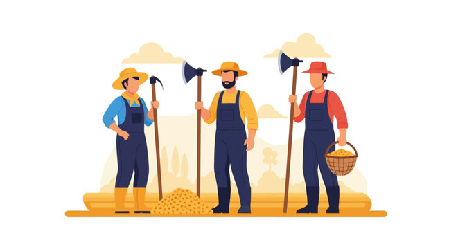 Three male farmers wearing hats and denim overalls holding manual farming tools like hoes and axes in a rural landscape vector illustration. Men standing near a pile of grain.