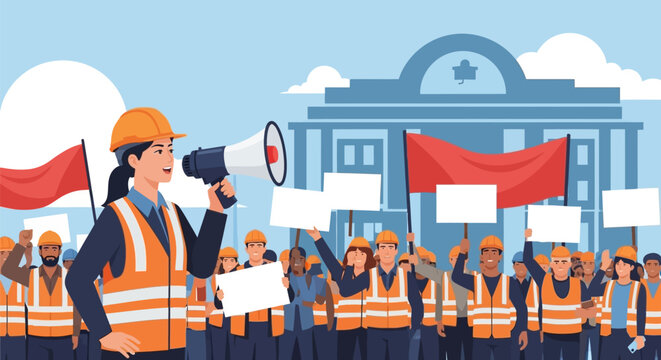 Vector illustration of a female worker in a safety vest and hard hat leading a labor strike, speaking into a megaphone in front of a diverse crowd holding red flags and blank placards.
