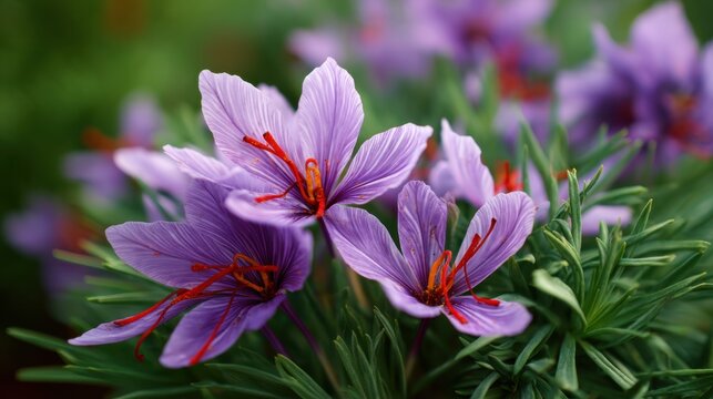 Purple crocus flower with red stigma growing in garden. Saffron harvest closeup. Blooming botanical plant, spice ingredient, organic nature, agriculture, spring seasonal blossom.