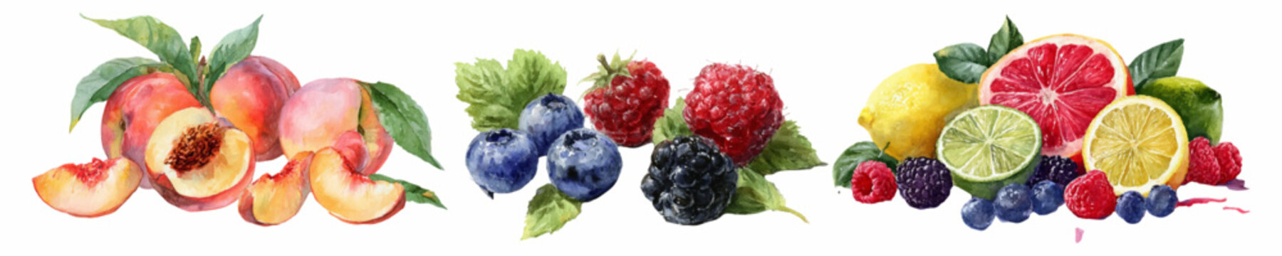 Bright watercolor of peaches, berries and citrus with green leaves on white background, vibrant colorful arrangement evoking fresh, healthy, organic summer fruits for food and design