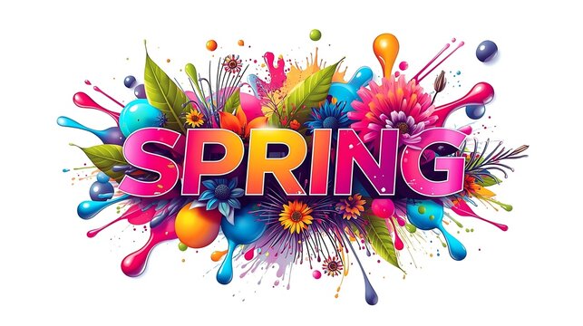 Artistic spring word art with vivid splatter effects and stylized botanical accents