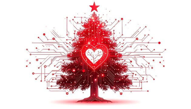 A digital Christmas tree made of circuits and glowing red lights. A heart with a tree inside glows in the center