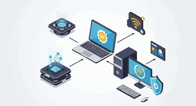 Isometric vector illustration of an integrated technology network featuring a laptop, desktop computer workstation, cybersecurity shield, wifi signal, and data hardware modules.