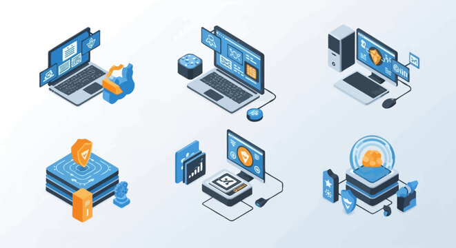 Collection of six isometric 3D technology illustrations featuring laptops, desktop computers, data server hardware with security shields, financial bar charts, and digital network processing units.