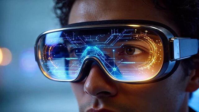 Man wearing futuristic augmented reality glasses