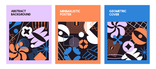 Obraz premium Set of modern poster designs. Cards with frames and abstract geometric background. Postcards, covers templates with retro Bauhaus elements, signs in Brutalism style. Flat vector illustrations