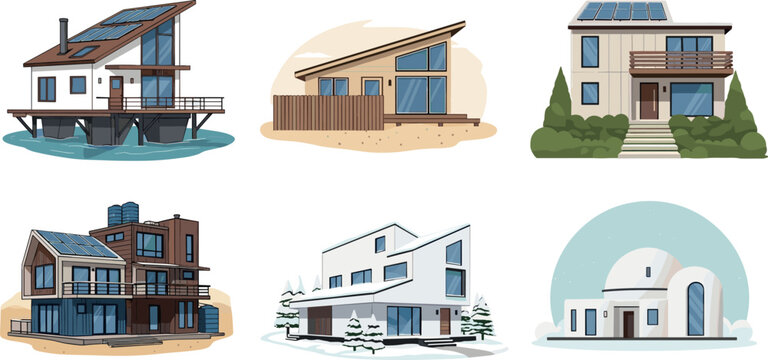 Modern eco houses with solar panels sustainable architecture collection including beach house cabin villa and contemporary homes vector illustration set