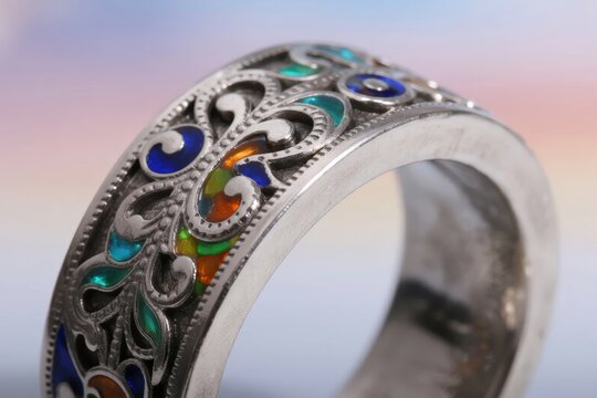 Silver ring with colorful enamel inlay and intricate filigree design