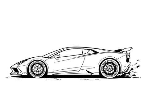 Modern supercar line art illustration. Luxury sports car profile vector. Automotive design coloring page. Fast racing vehicle concept.